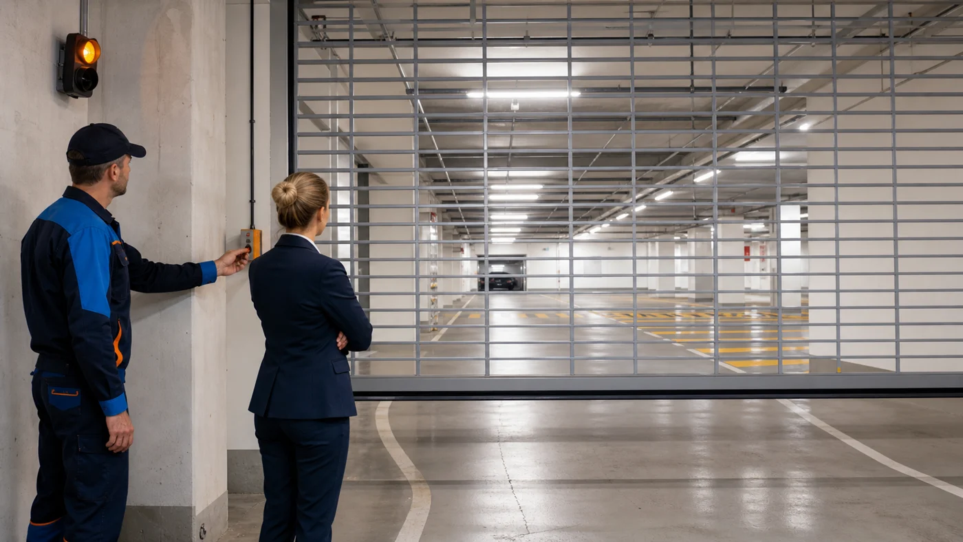 Servicetechniker und Objektverantwortlicher beobachten in einer Tiefgarage in Wien Niederoesterreich ein grosses Rollgitter im Totmannbetrieb an einem Wandtaster, realistische Servicefotografie ohne Logos