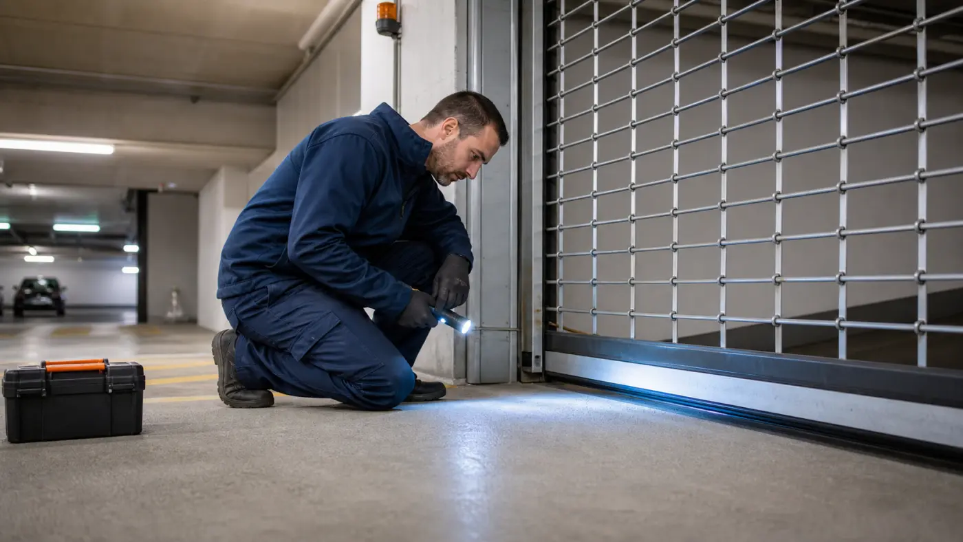 Servicetechniker prueft die untere Sicherheitsleiste eines Rollgitters in einer Tiefgarage in Wien Niederoesterreich ohne Logos