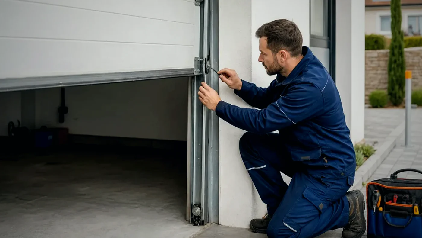 Servicetechniker prüft in einer Tiefgarage in Wien Niederösterreich ein industrielles Rollgitter mit Fokus auf Führung und Torlauf, realistische Technikfotografie ohne Logos
