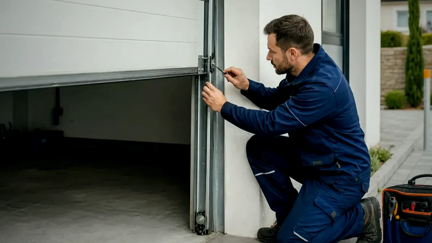 Servicetechniker prueft in einer Tiefgarage in Wien Niederoesterreich die schraeg anliegende Unterkante eines Rollgitters mit Blick auf Fuehrung und Torlauf, realistische Technikfotografie ohne Logos