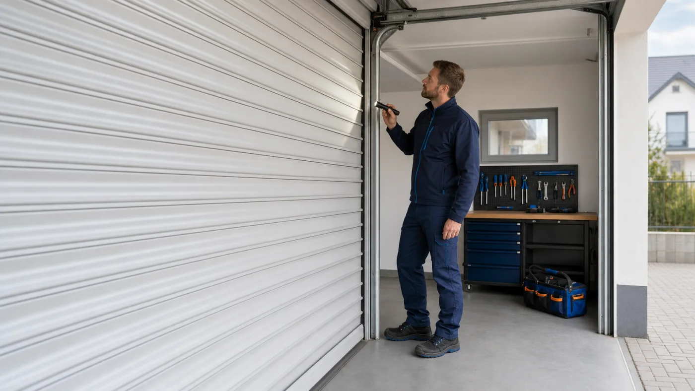 Servicetechniker prüft sicher die seitliche Führung eines stillstehenden Rolltors in Wien und Niederösterreich
