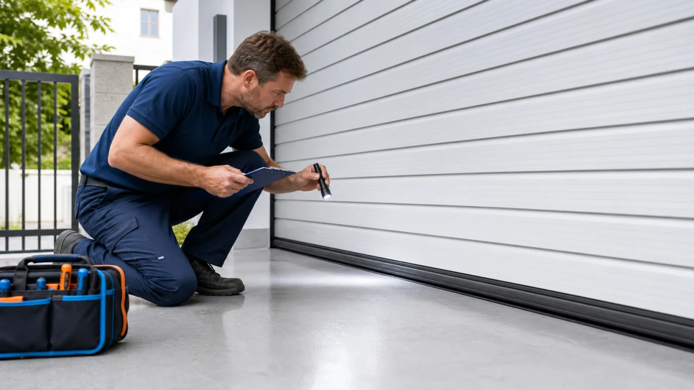 Servicetechniker prueft die Unterkante eines geschlossenen Garagentores auf frisch beschichtetem Boden in Wien Niederoesterreich ohne Logos