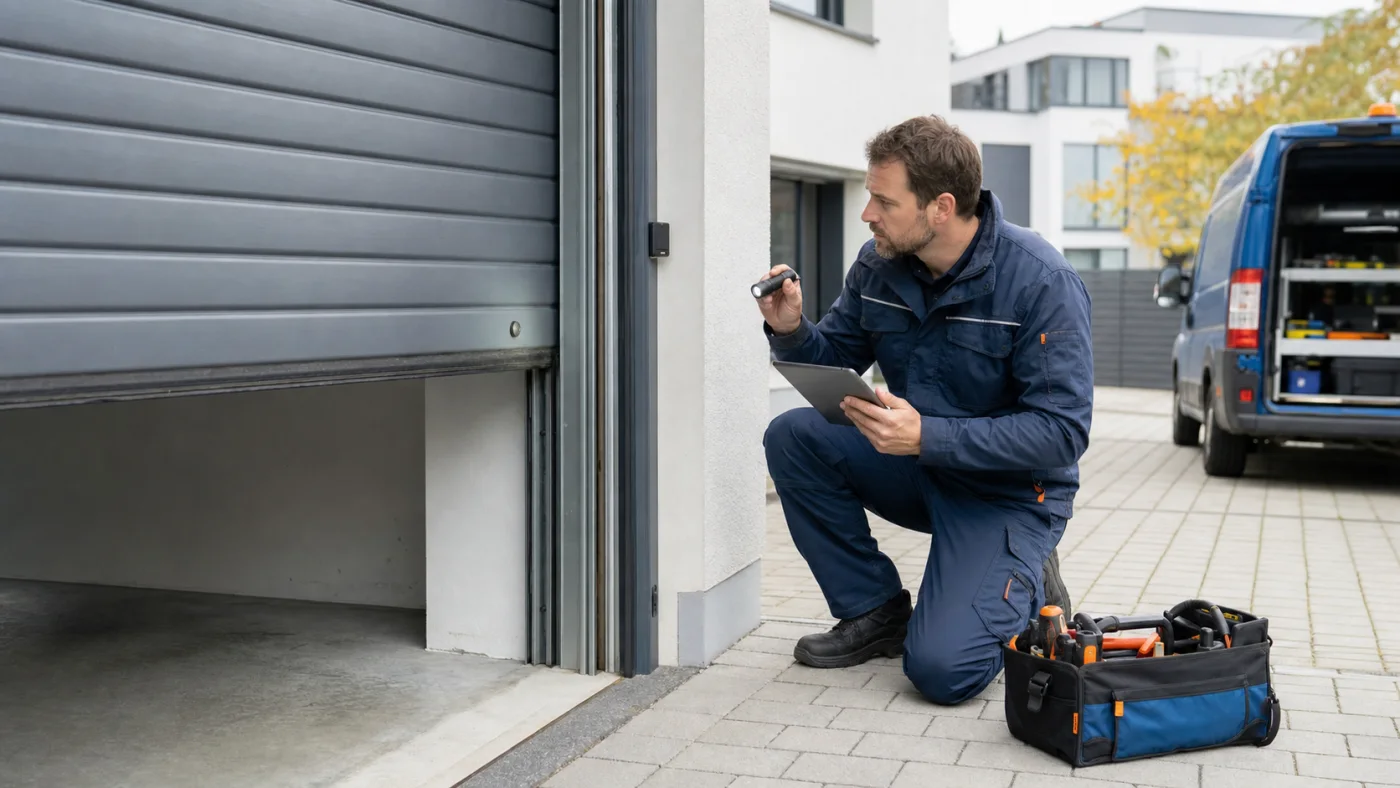Servicetechniker prueft in Wien Niederoesterreich ein Rolltor mit stehender Unterkante und laufendem Antrieb aus sicherer Distanz, realistische Servicefotografie ohne Logos