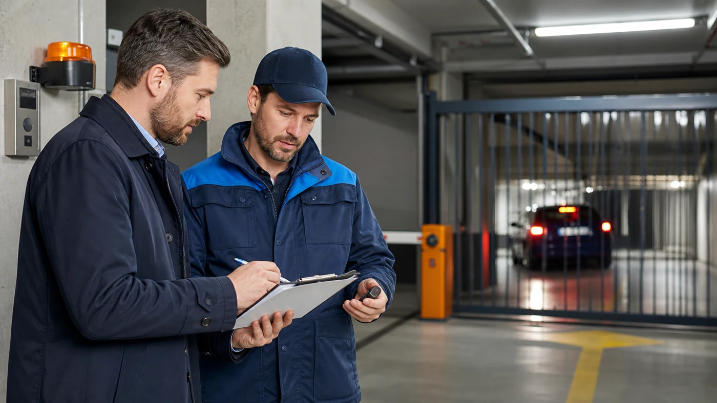 Hausverwalter und Servicetechniker besprechen in einer Sammelgarage in Wien Niederoesterreich ein Uebergabeprotokoll und einen Handsender vor einer Toranlage, realistische Servicefotografie ohne Logos