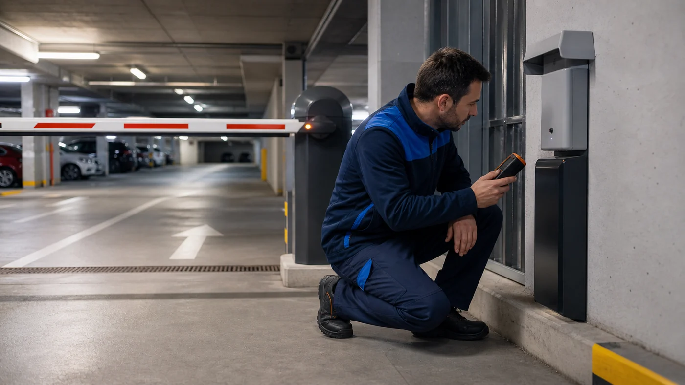 Servicetechniker prueft in einer Sammelgarage in Wien Niederoesterreich einen Funkempfaenger und den Zufahrtsbereich neben einem Garagentor, realistische Servicefotografie ohne Logos und ohne offene Elektrogefahren