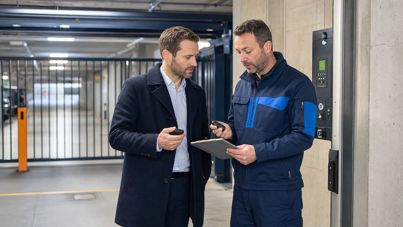 Hausverwalterin und Servicetechniker besprechen in einer Wiener Sammelgarage den Verlust eines Handsenders an einer Torsteuerung, realistische Servicefotografie ohne Logos oder Text im Bild