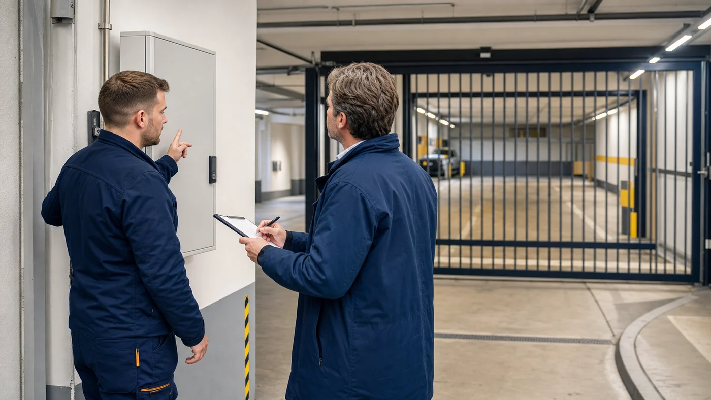Hausverwalter und Servicetechniker dokumentieren in einer Wiener Sammelgarage an einer Torsteuerung eine geaenderte Offenhaltezeit nach Empfaengerwechsel, realistische Servicefotografie ohne Logos