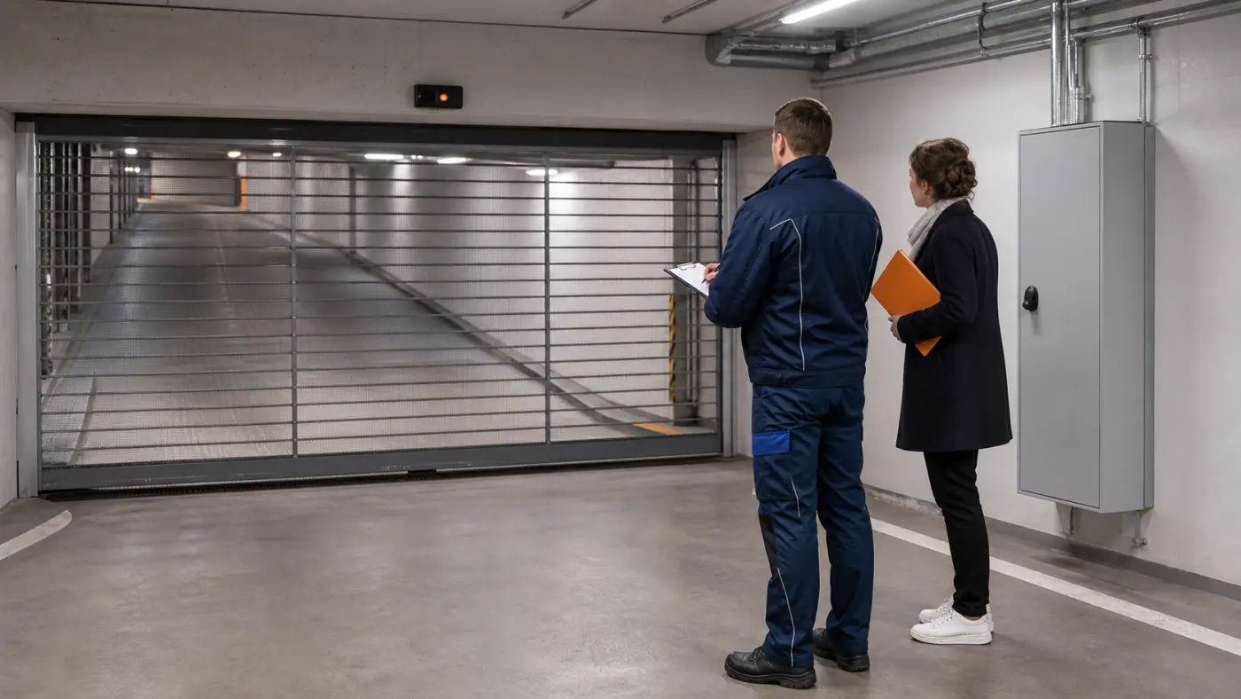 Servicetechniker und Hausverwaltung dokumentieren in einer Sammelgarage in Wien Niederoesterreich die Torsteuerung und Offenhaltezeit ohne Logos und ohne offene Elektroarbeiten
