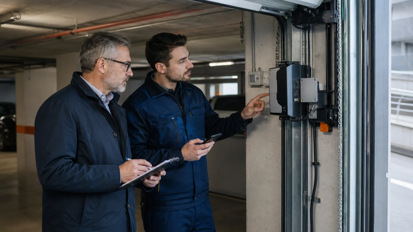 Hausverwalter und Servicetechniker besprechen in einer Wiener Sammelgarage nach einer Stromunterbrechung die Torsteuerung und Dokumentation, realistische Servicefotografie ohne Logos
