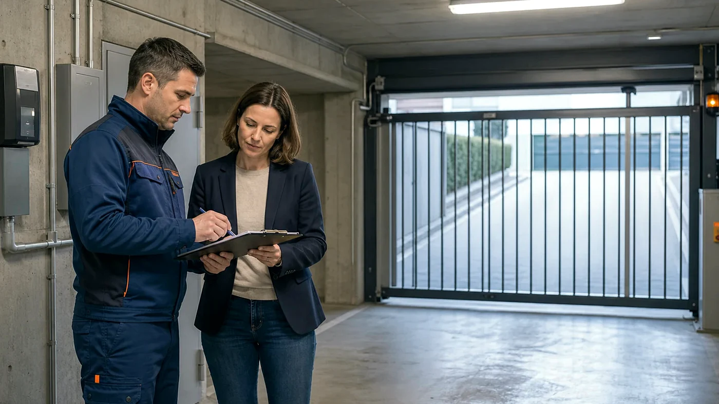 Hausverwaltung und Servicetechniker pruefen in einer Sammelgarage in Wien Niederoesterreich Funkempfaenger, Versorgung und Dokumentation, realistische Servicefotografie ohne Logos
