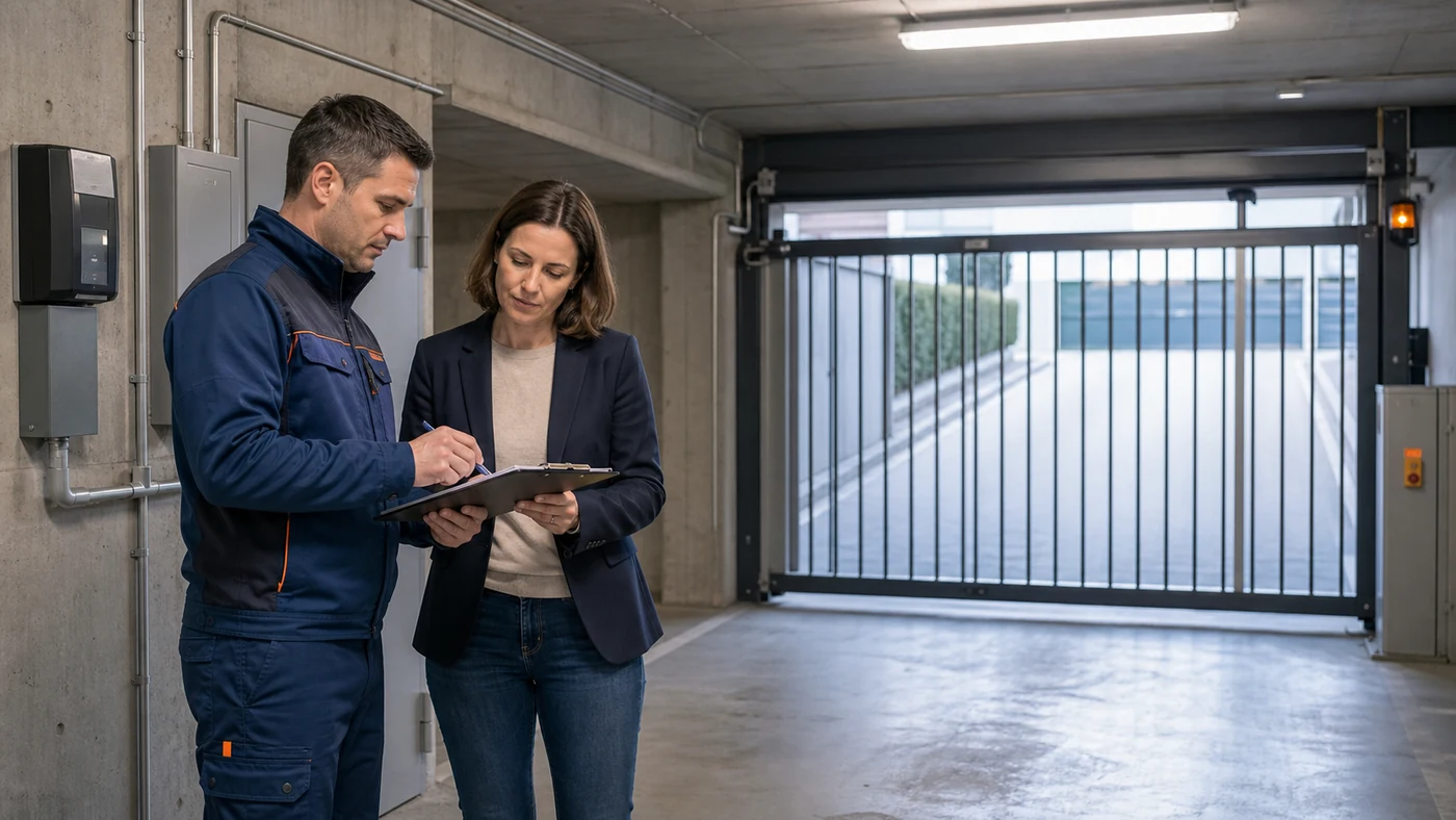 Servicetechniker und Objektverantwortliche pruefen in einer Sammelgarage in Wien Niederoesterreich gemeinsam eine Wartungsdokumentation vor einem Garagentor, realistische Servicefotografie ohne Logos
