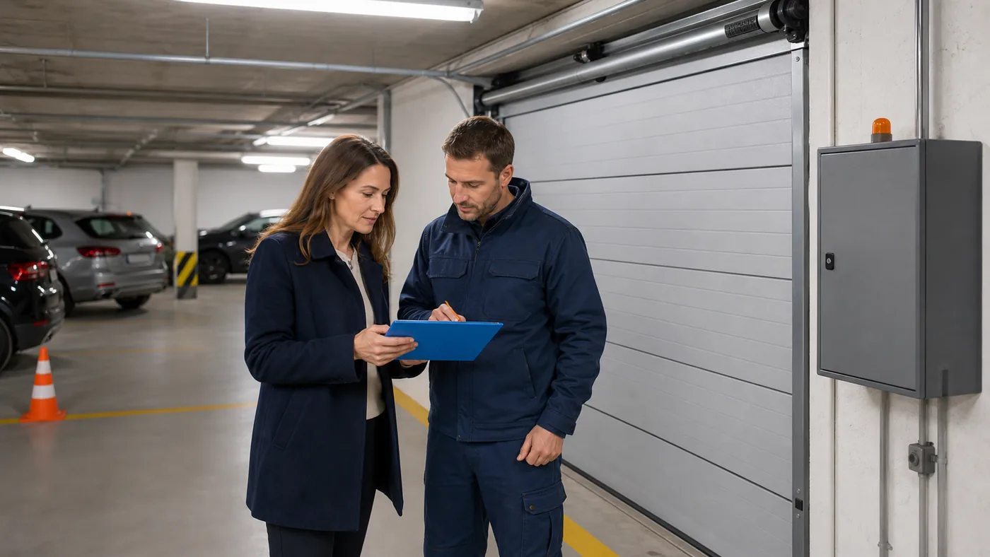 Hausverwaltung und Servicetechniker dokumentieren Zeitwerte einer Sammelgarage in Wien Niederoesterreich vor geschlossenem Steuerkasten