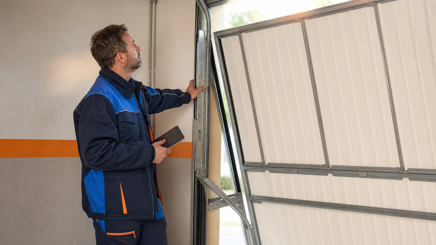 Servicetechniker beobachtet in einer Garage in Wien Niederoesterreich den Schliesslauf eines aelteren Schwingtors und prueft seitliche Beschlaege und Anschlagpunkte, realistische Servicefotografie ohne Logos