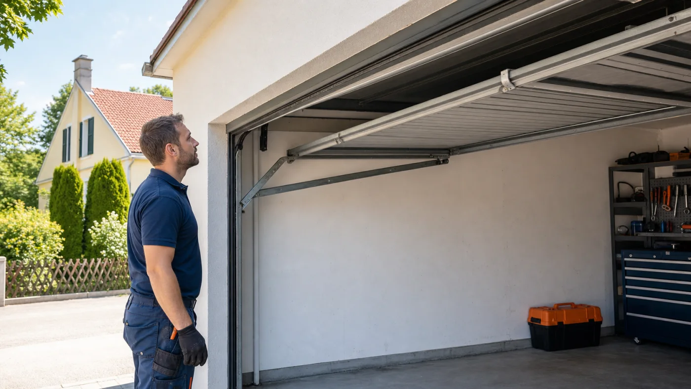 Techniker beobachtet bei Sommerwetter sicher den oberen Schwenkbereich eines Garagen-Schwingtors in Wien und Niederösterreich
