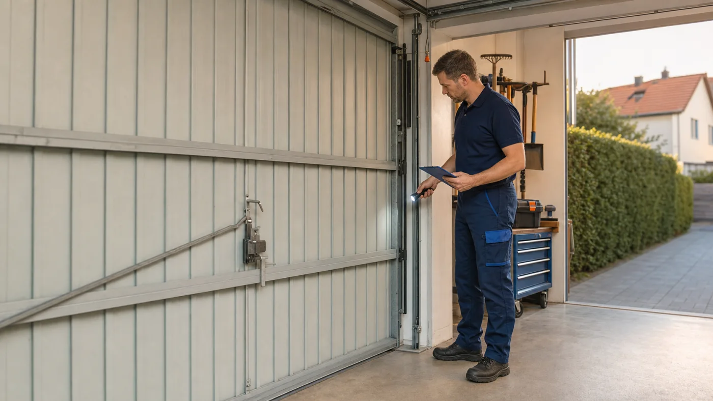 Techniker prüft die seitliche Verriegelung eines geschlossenen Schwingtors in einer Garage in Wien und Niederösterreich