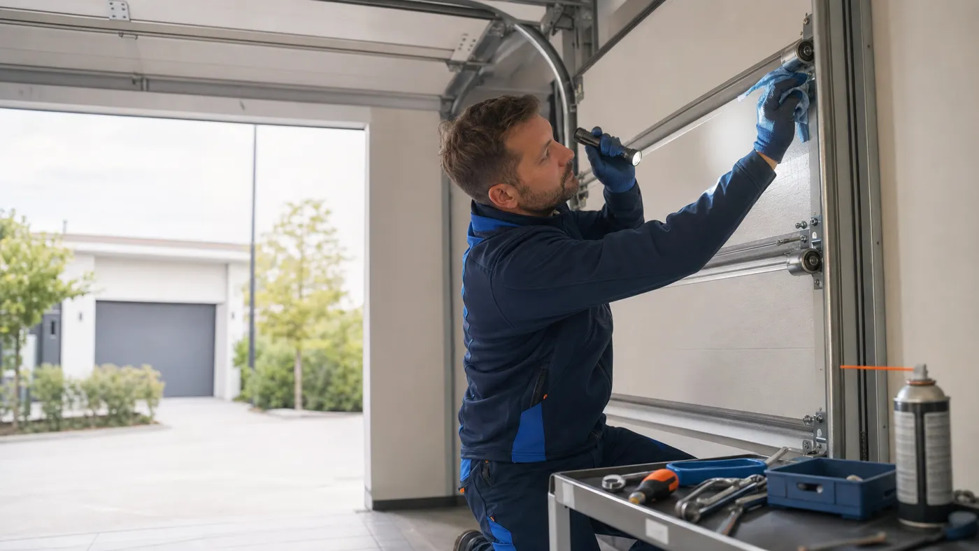 Servicetechniker prüft Laufrollen und Führungsschiene eines Sektionaltores in einer Wiener Garage