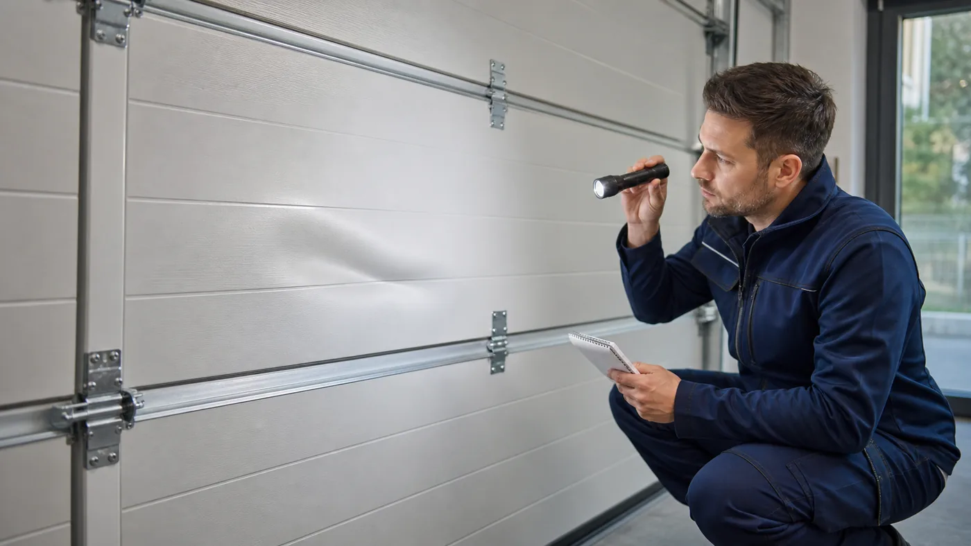 Servicetechniker inspiziert ein beschädigtes Sektionaltor-Paneel mit Delle und prüft Scharniere und Beschläge in einer Garage in Wien/Niederösterreich, realistische Technikfotografie ohne Logos