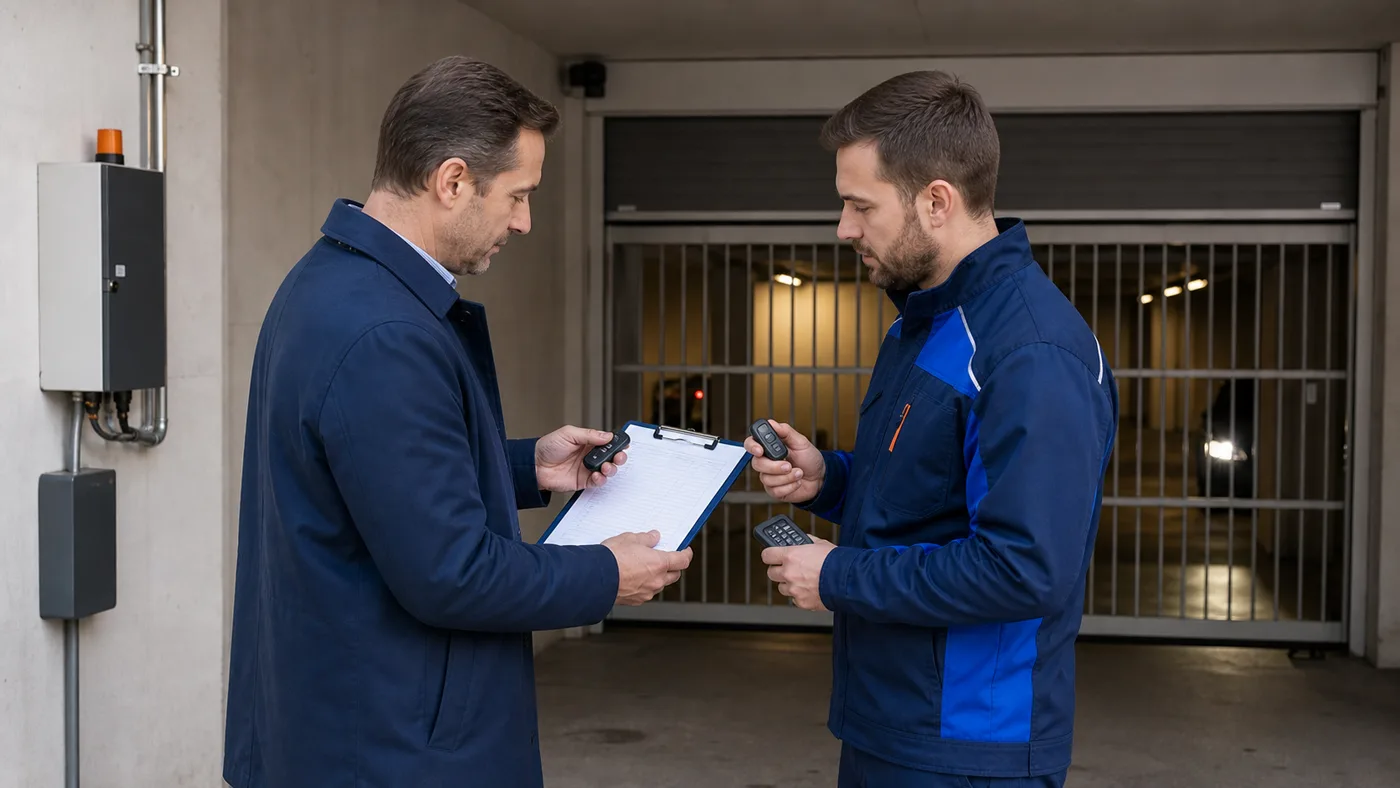Hausverwaltung und Servicetechniker prüfen in einer Sammelgarage in Wien Niederösterreich Handsender und eine Übergabeliste vor einem Garagentor, realistische Servicefotografie ohne Logos