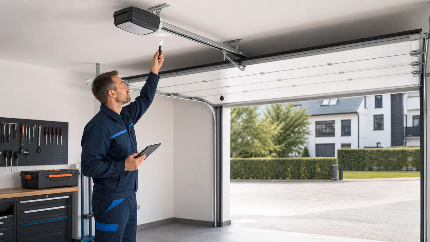 Servicetechniker prueft einen Garagentorantrieb und die Laufschiene in Wien Niederoesterreich ohne Logos und ohne offene Elektrik