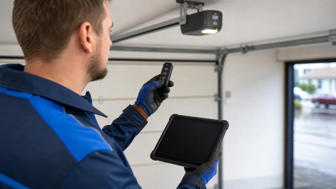 Servicetechniker prüft einen Garagentor-Handsender und misst Funkempfang an einem Garagentorantrieb in einer Garage in Wien, realistische Technikfotografie ohne Logos