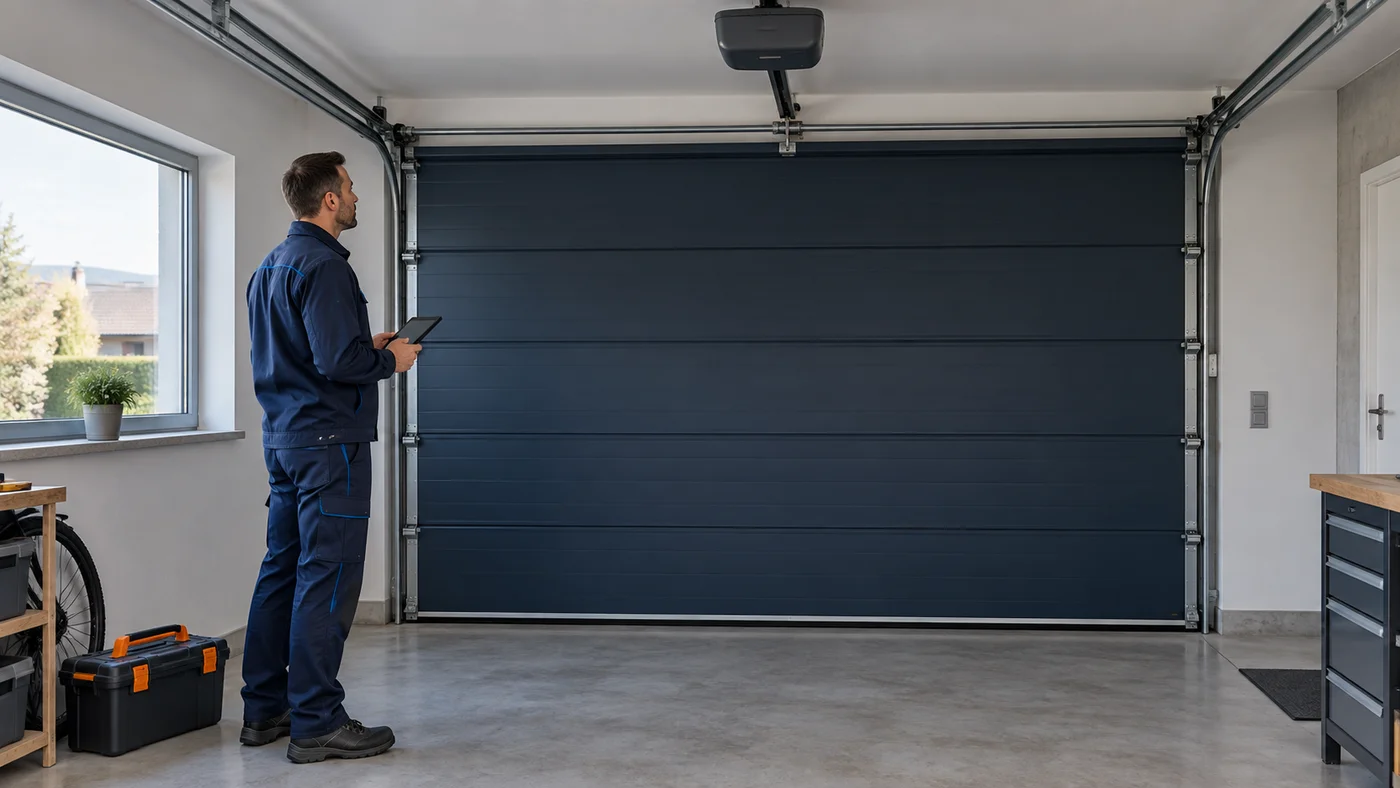 Techniker mit Tablet begutachtet ein geschlossenes Garagentor und den Deckenantrieb in einer Garage