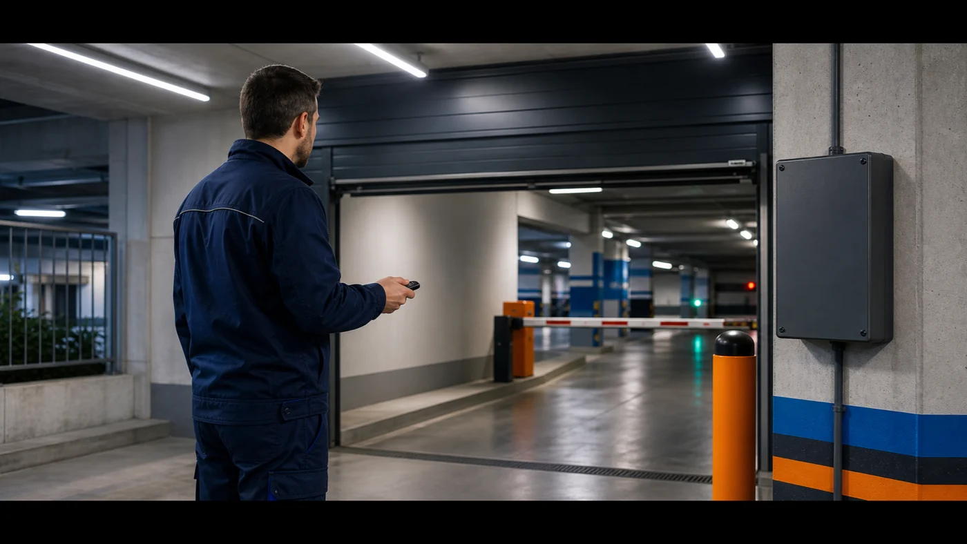 Servicetechniker testet in einer Tiefgarage in Wien Niederoesterreich mit Handsender die Zufahrt unter heller LED-Beleuchtung neben einem geschlossenen Steuergehaeuse, realistische Servicefotografie ohne Logos