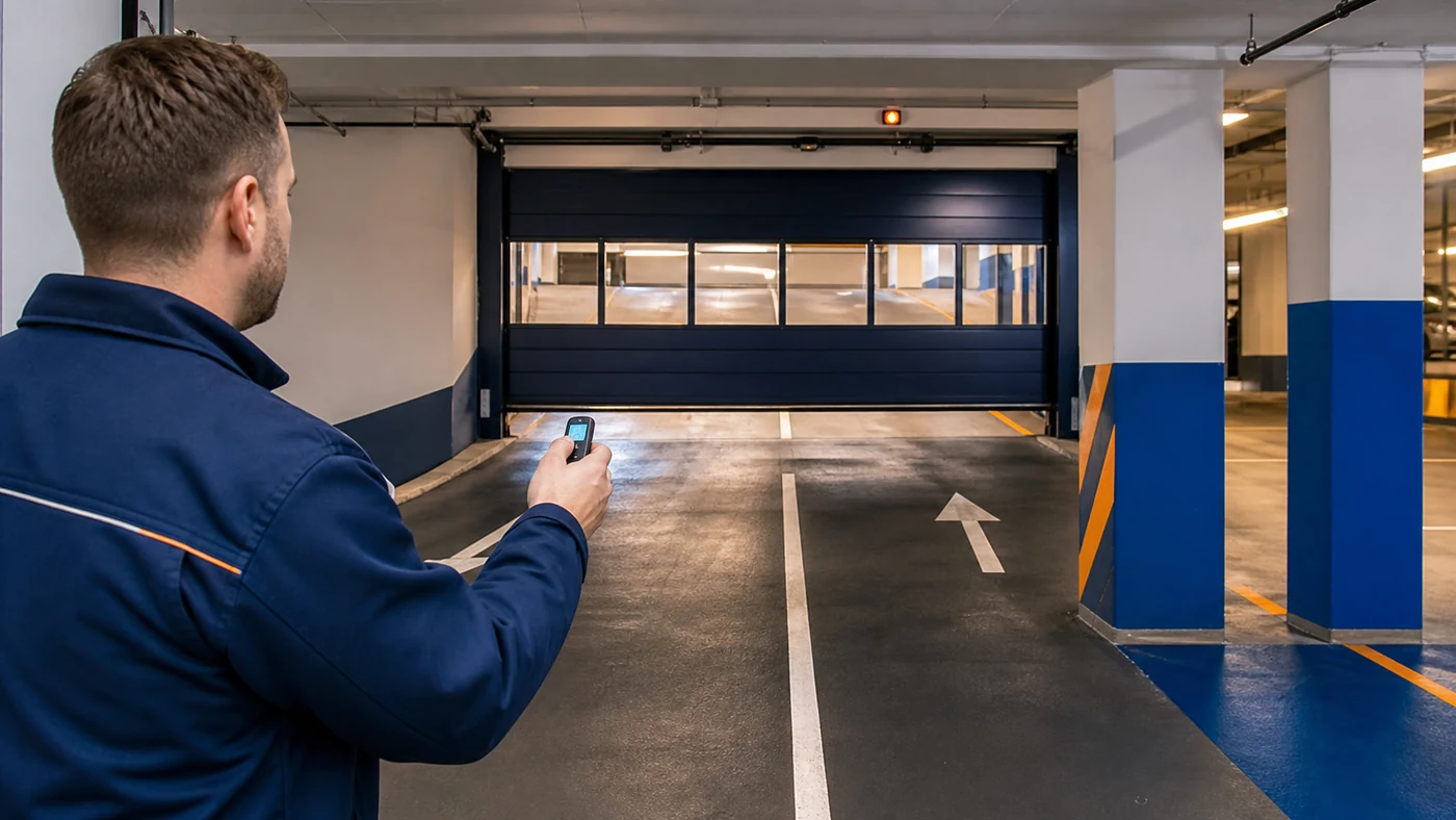 Servicetechniker testet in einer Tiefgarage in Wien Niederoesterreich die Funkreichweite eines Garagentors aus verschiedenen Fahrspuren vor einer Zufahrt, realistische Servicefotografie ohne Logos