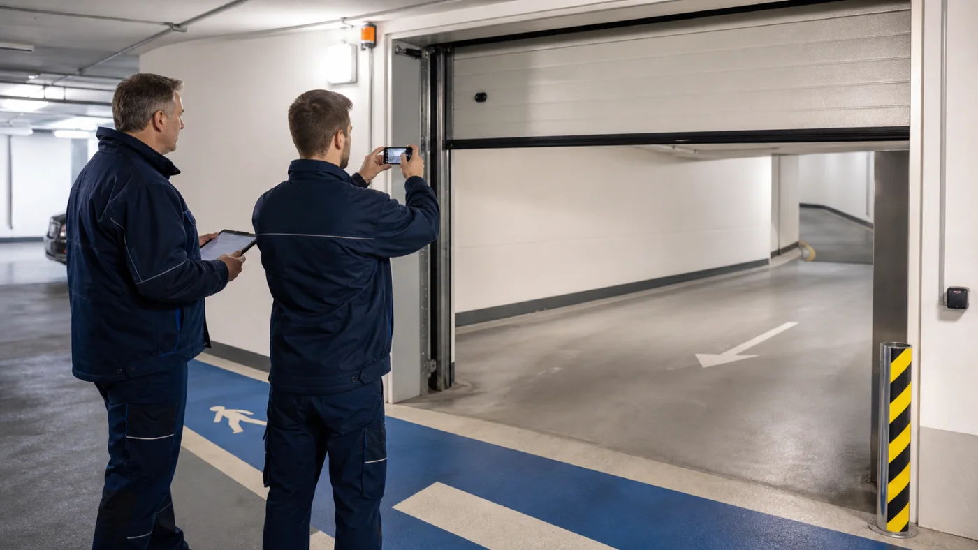 Hausverwaltung und Servicetechniker dokumentieren in einer Tiefgarage in Wien Niederoesterreich sichere Fotopunkte am Garagentor ohne Logos
