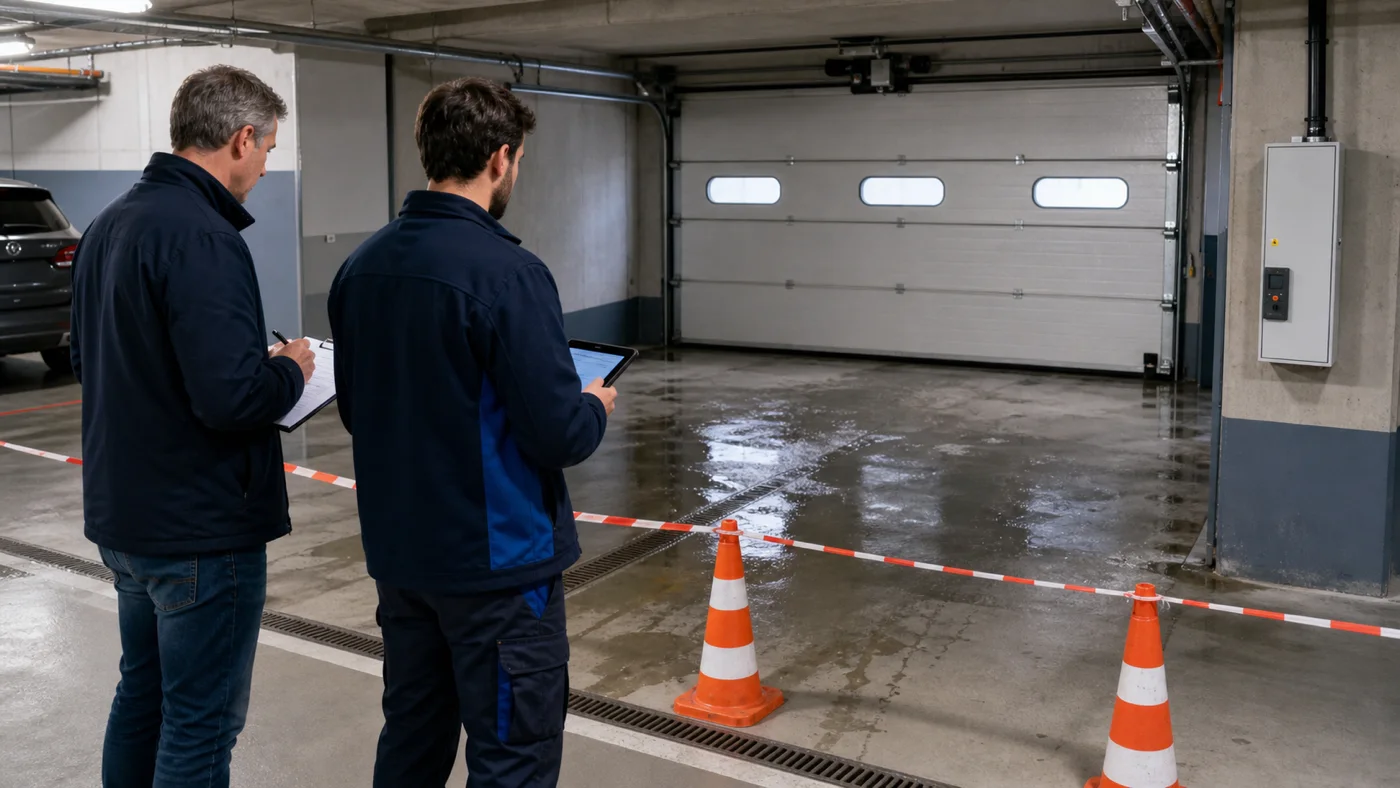 Hausverwalter und Servicetechniker dokumentieren eine abgesperrte feuchte Zone vor einem Tiefgaragentor