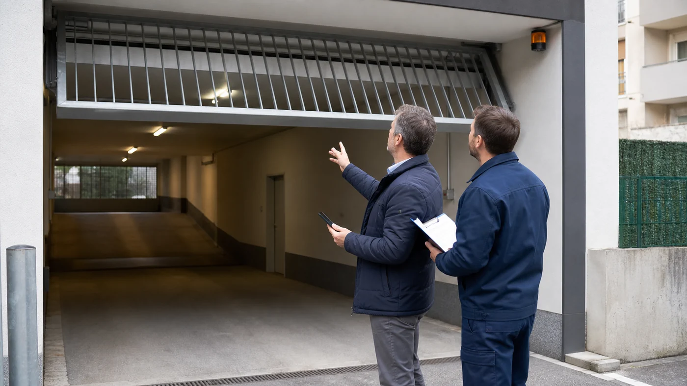Hausverwalter und Servicetechniker prüfen ein offen stehendes Tiefgaragentor an einer Wohnanlage in Wien/Niederösterreich, realistische Technikfotografie ohne Logos