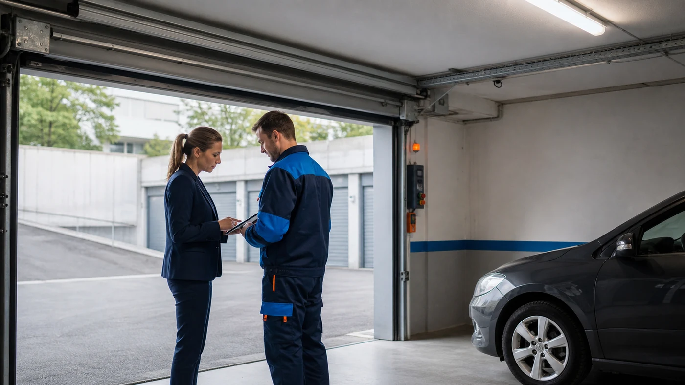 Hausverwaltung und Servicetechniker besprechen in einer Tiefgarage in Wien Niederoesterreich eine dokumentierte Verlustmeldung fuer Handsender und Zutrittsmedien, realistische Servicefotografie ohne Logos